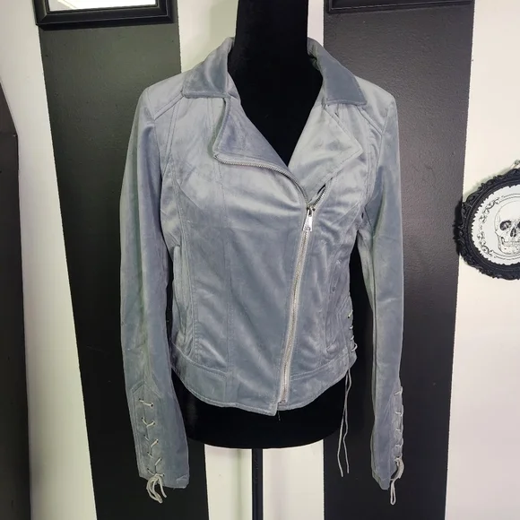 Ice Blue Velvet Moto Jacket - Picture 2 of 6